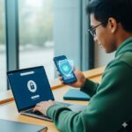 Young man using two-factor authentication on smartphone to securely access online payment platform on laptop
